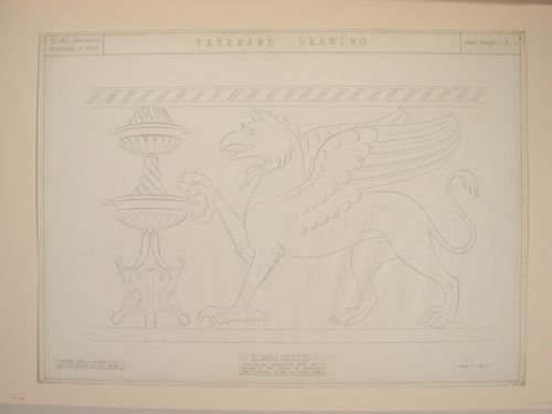 Testimony of study drawing showing a profile view of the Roman Griffin from the Temple of Antoninus and Faustina, Rome