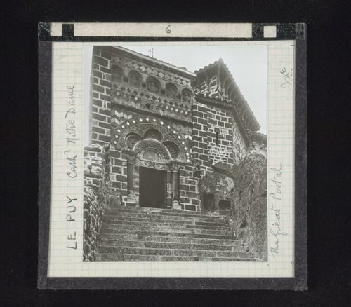 View of stairs and portal from low vantage point, Cathédrale Notre-Dame, Le Puy, Haute-Loire, France