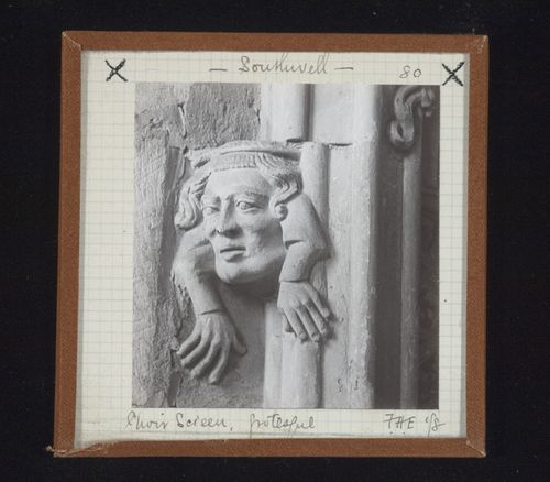 View of grotesque sculpture of choir screen, Southwell Minster, Southwell, Nottinghamshire, England