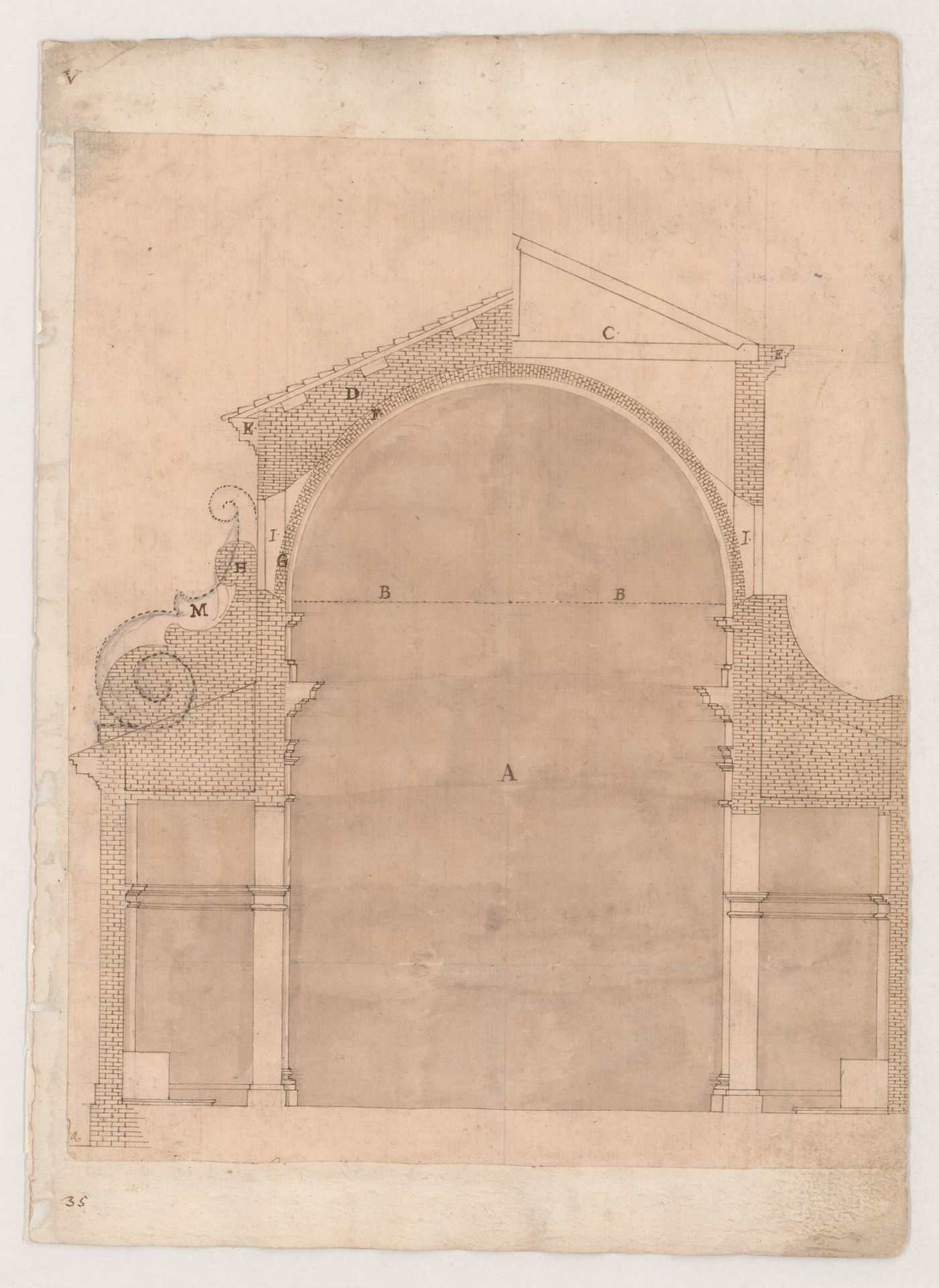 Section of a church showing alternative designs for the roofs; verso: View of the Porta Scisi, Ravenna showing the canal