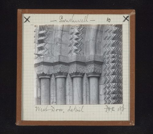 Detail view of archivolts and jamb shafts of west portal of Southwell Minster, Southwell, Nottinghamshire, England