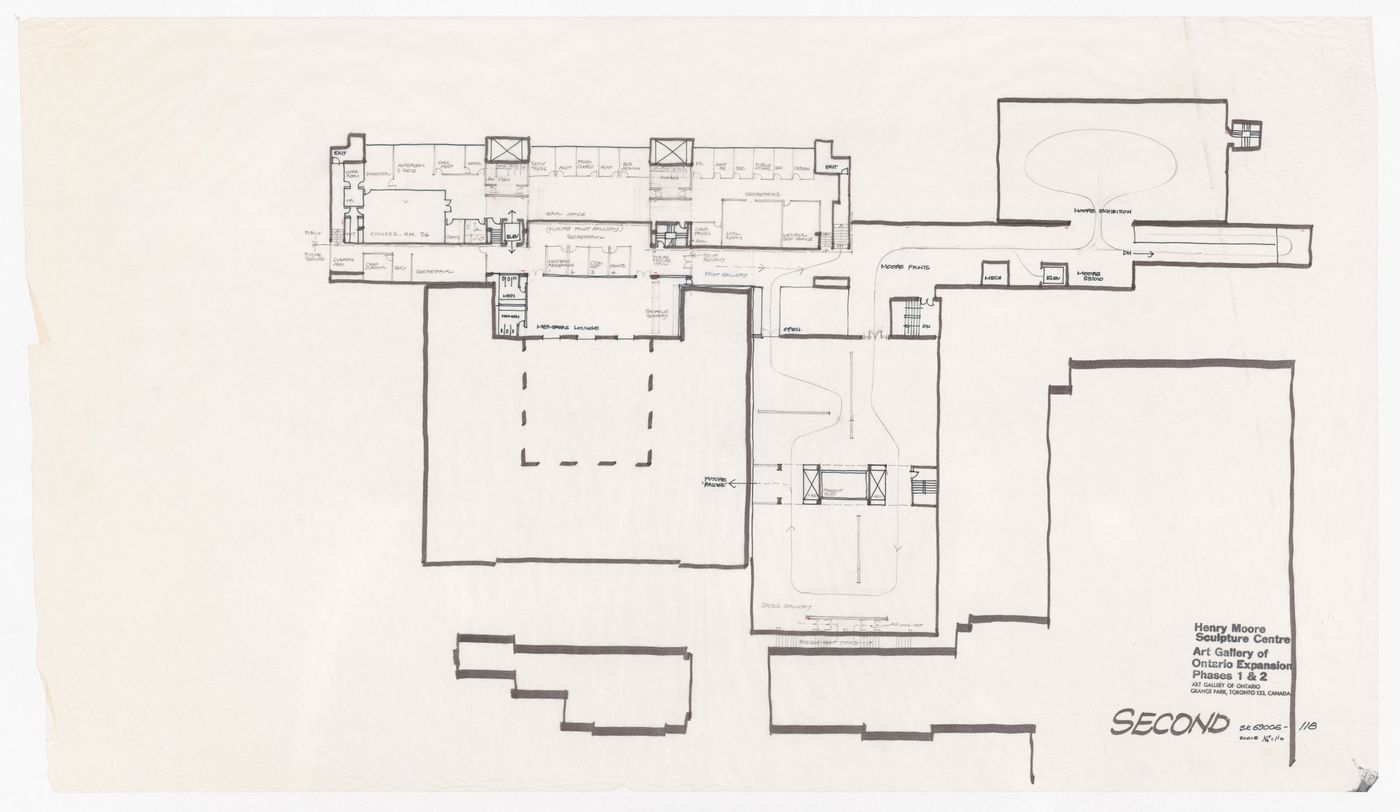 Sketch second floor plan for Henry Moore Sculpture Centre, Art Gallery of Ontario, Stage I Expansion, Toronto