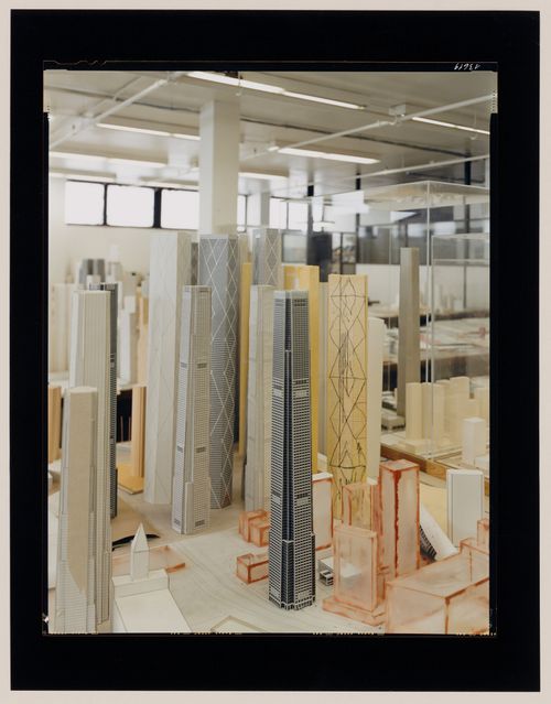 View of a classroom showing models of skyscrapers on the ground floor of Crown Hall, Illinois Institute of Technology, Chicago