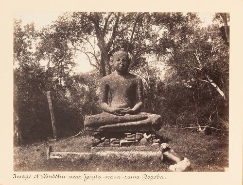 View of a statue of Buddha, near the Jetavanarama, Anuradhapura, Ceylon (now Sri Lanka)
