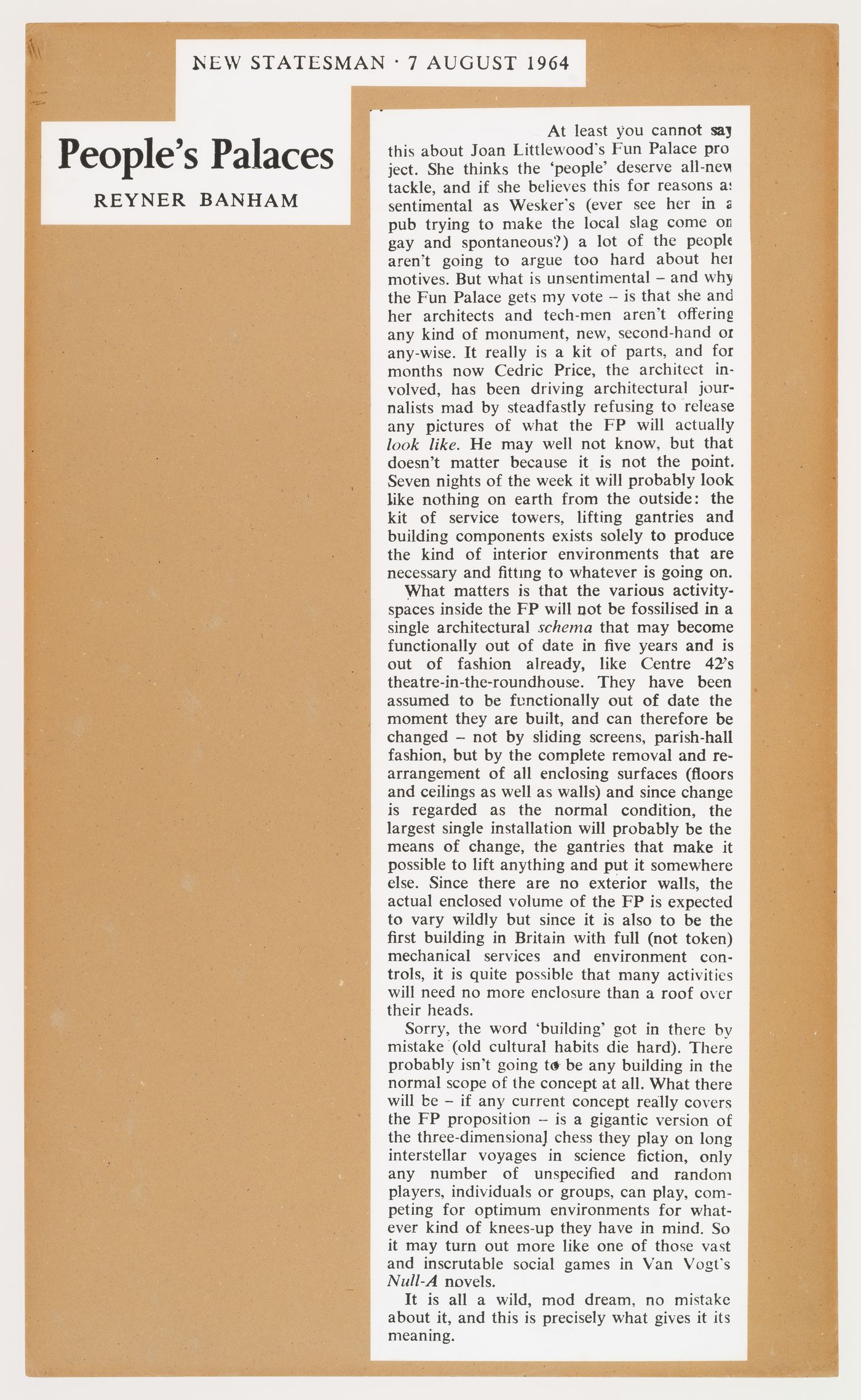 Copy of the article “People’s Palaces” by Reyner Banham, New Statesman, 7 August 1964