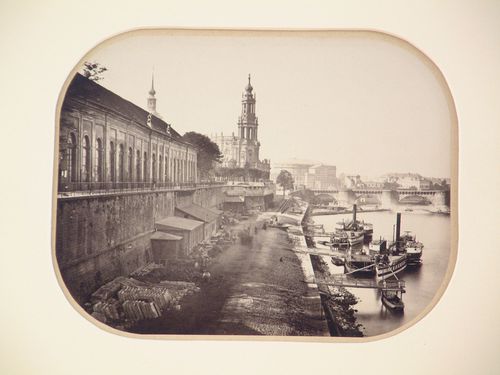 View along the Elbe River, with the Hofkirche and opera house in the background, Dresden, Germany