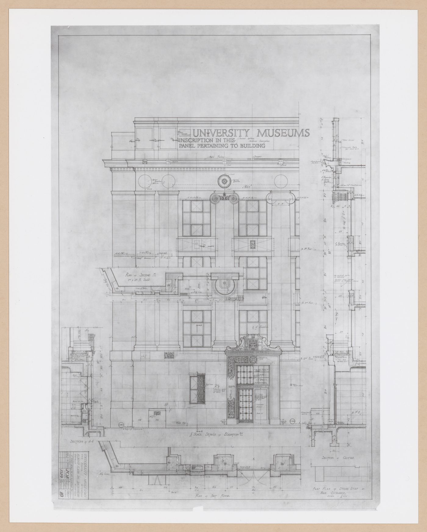 Photograph of an elevation, plans and sections for the Alexander G. Ruthven Museums Building, North University Avenue, University of Michigan, Ann Arbor, Michigan