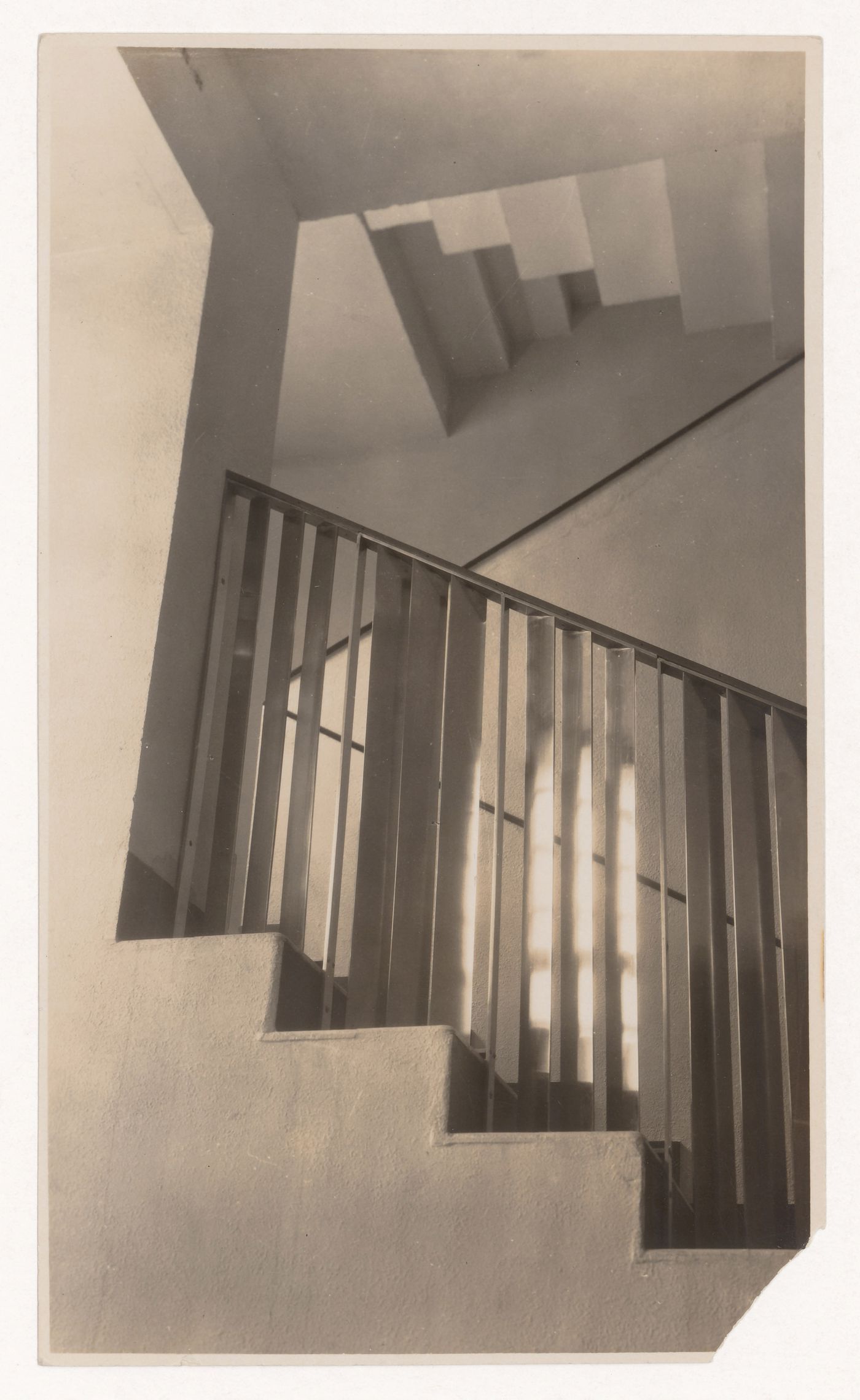 Interior view of staircase handrail in the Mallet-Stevens hôtel particulier, Mallet-Stevens road in the 16th arrondissement, Paris, France
