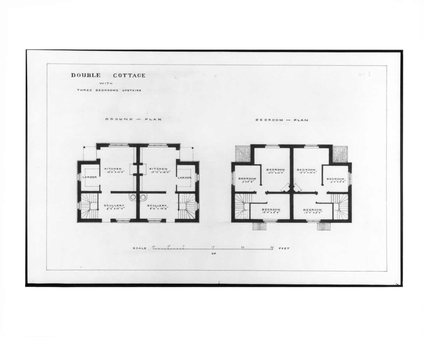 Ground and first floor plans for a double cottage with three bedrooms, Estate of Charleville Castle, Tullamore, County Offaly, Ireland