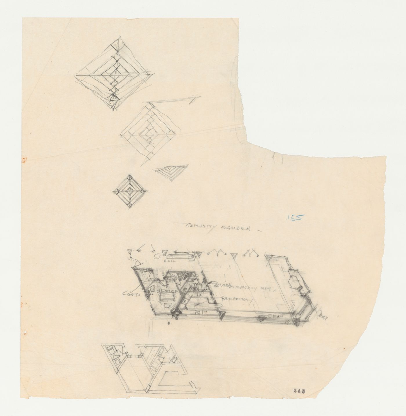 Wayfarers' Chapel, Palos Verdes, California: Two sketch plans for the parish house with sketches, possibly for a glass roof