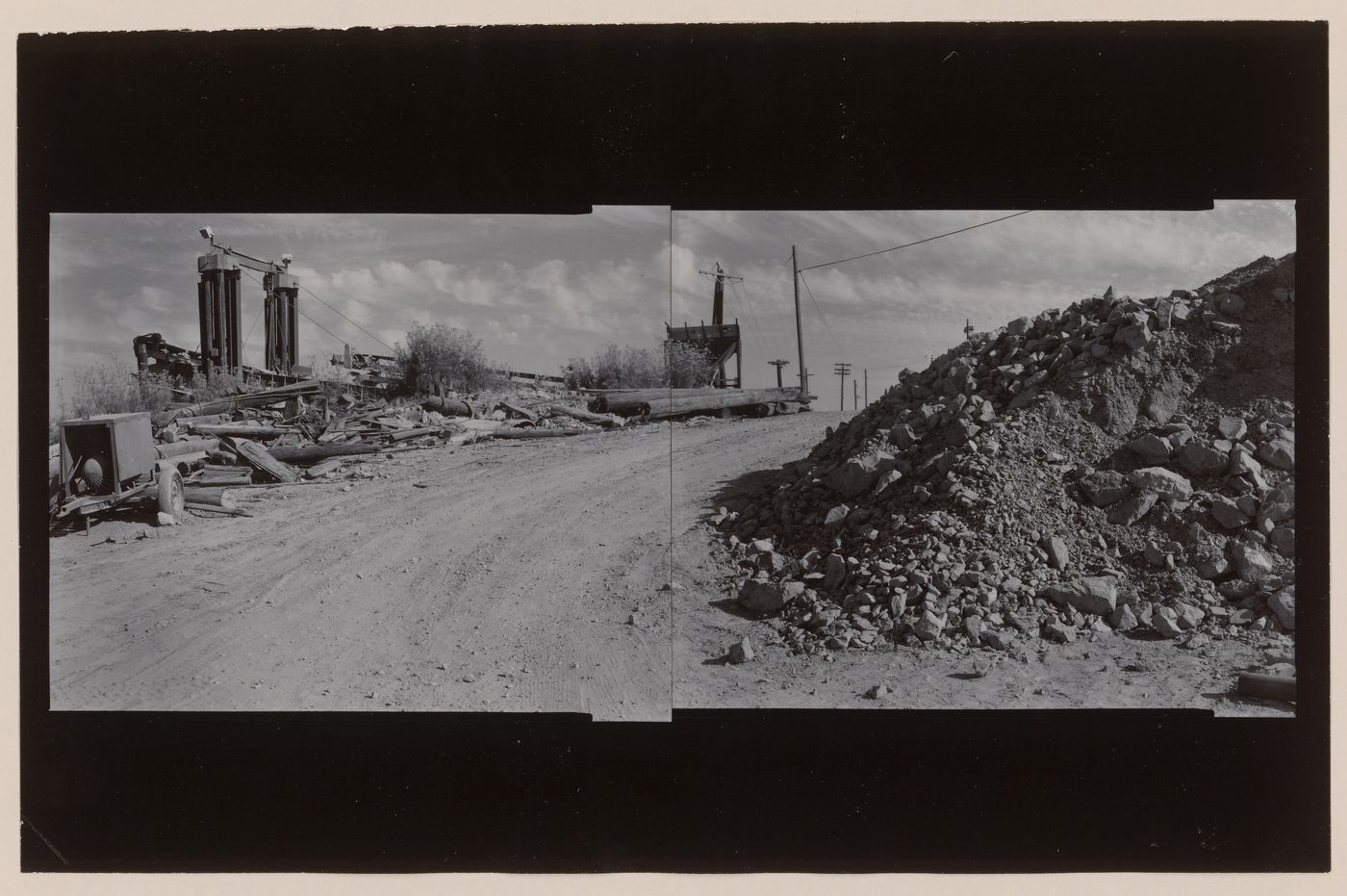 Panoramic composite photograph of a gravel road at the San Rafael Rock Quarry showing rubbish on the left, Point San Pedro, San Rafael, Marin County, California, United States