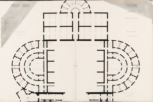 Project for an opera house for the Théâtre impérial de l'opéra: Second floor plan showing the storerooms, "cote de la danse", and "cote du chant", including the actors' dressing rooms