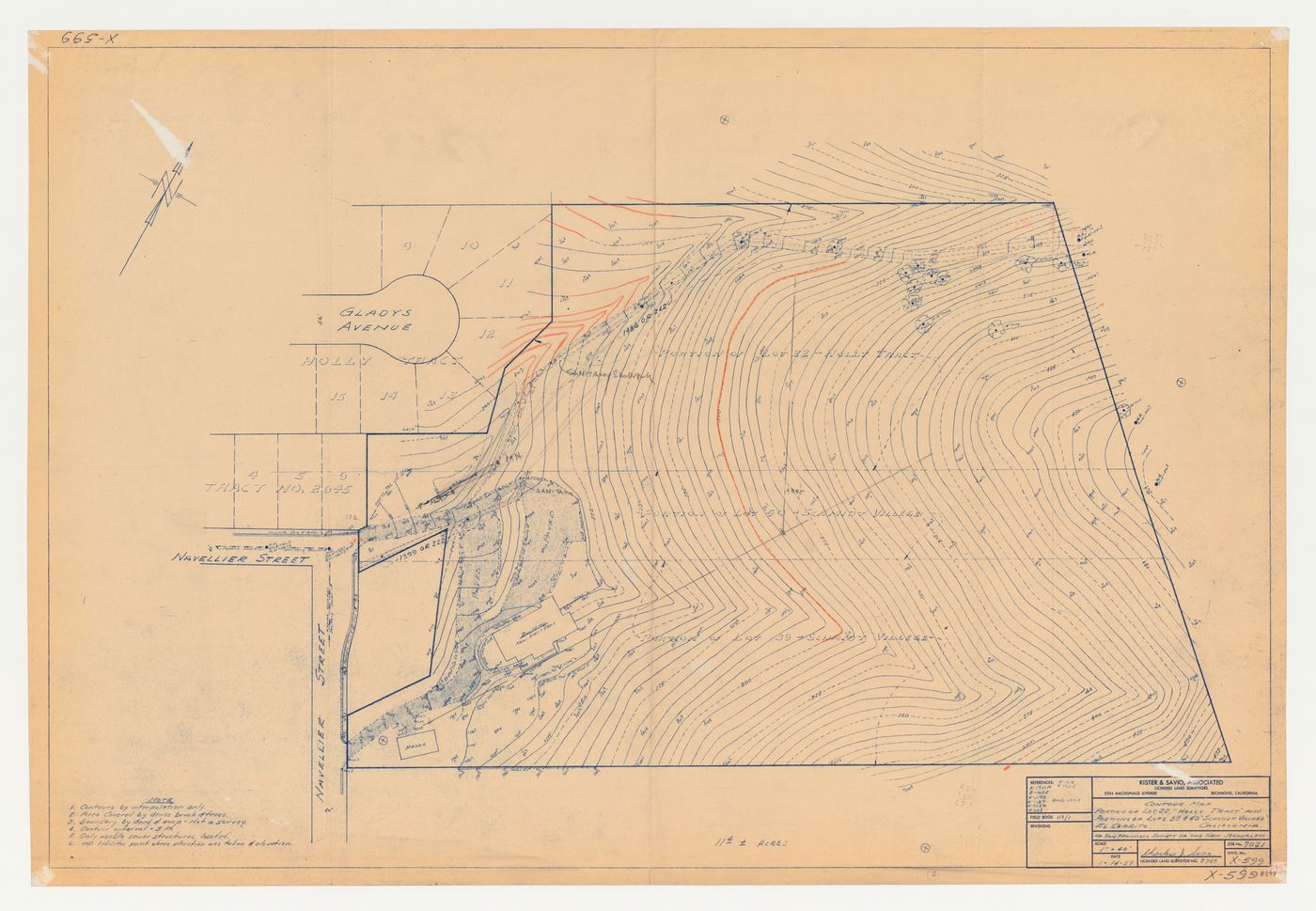 Swedenborg Memorial Chapel, El Cerrito, California: Sketches for sewage pipe, road layout and grading on a contour map of lot 39 and part of lot 40