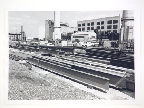 View of steel beams used for the construction of power station, United Kingdom