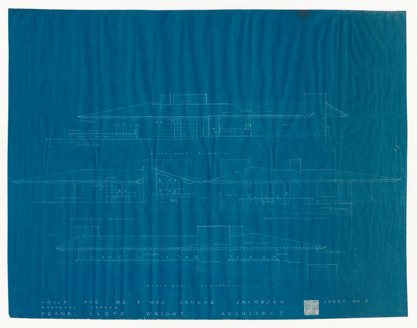 Southwest, southeast, northwest and northeast elevations for the 1950 design for the Mr. & Mrs. George Jacobsen House, Hudson, Québec