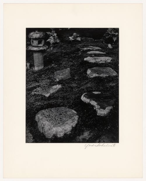 View of a stone lantern and stepping-stones in front of the Shokintei, Katsura Rikyu (also known as Katsura Imperial Villa), Kyoto, Japan