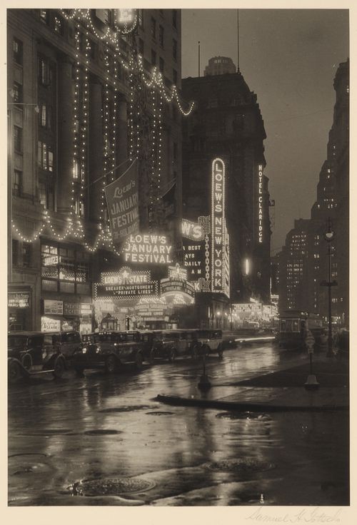 Times Square at night; Loew's Theatre & Hotel Claridge lit, New York City, New York