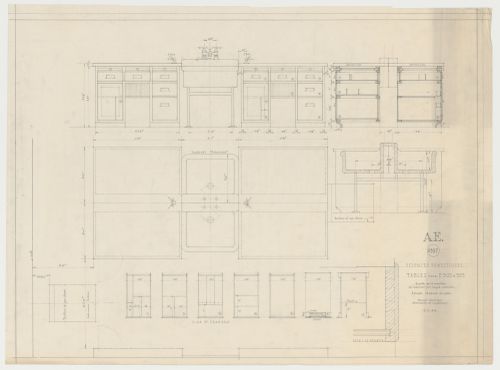 Détails des tables pour le département des sciences domestiques, Pavillon principal et campus, Université de Montréal, Montréal, Canada (1924-1947)