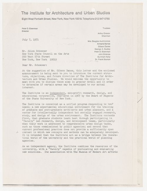 Letter from Peter D. Eisenman to Allon Schoener about support from the New York State Council on the Arts (NYSCA)