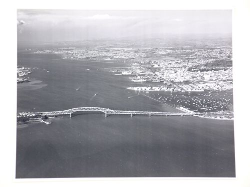 Aerial view of the Auckland Harbour Bridge, over the Waitematā Harbour, Auckland, New Zealand