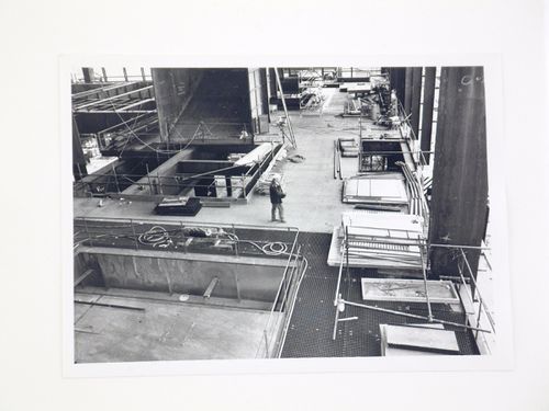View during construction of steel structure for power station, from interior, United Kingdom