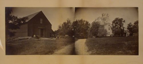 Farm house and barn, people standing outside, New England