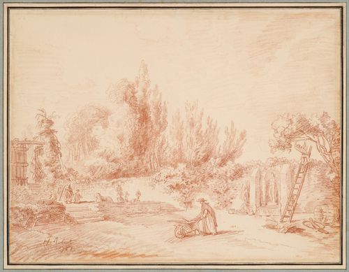 Garden being tended by gardeners, Italy