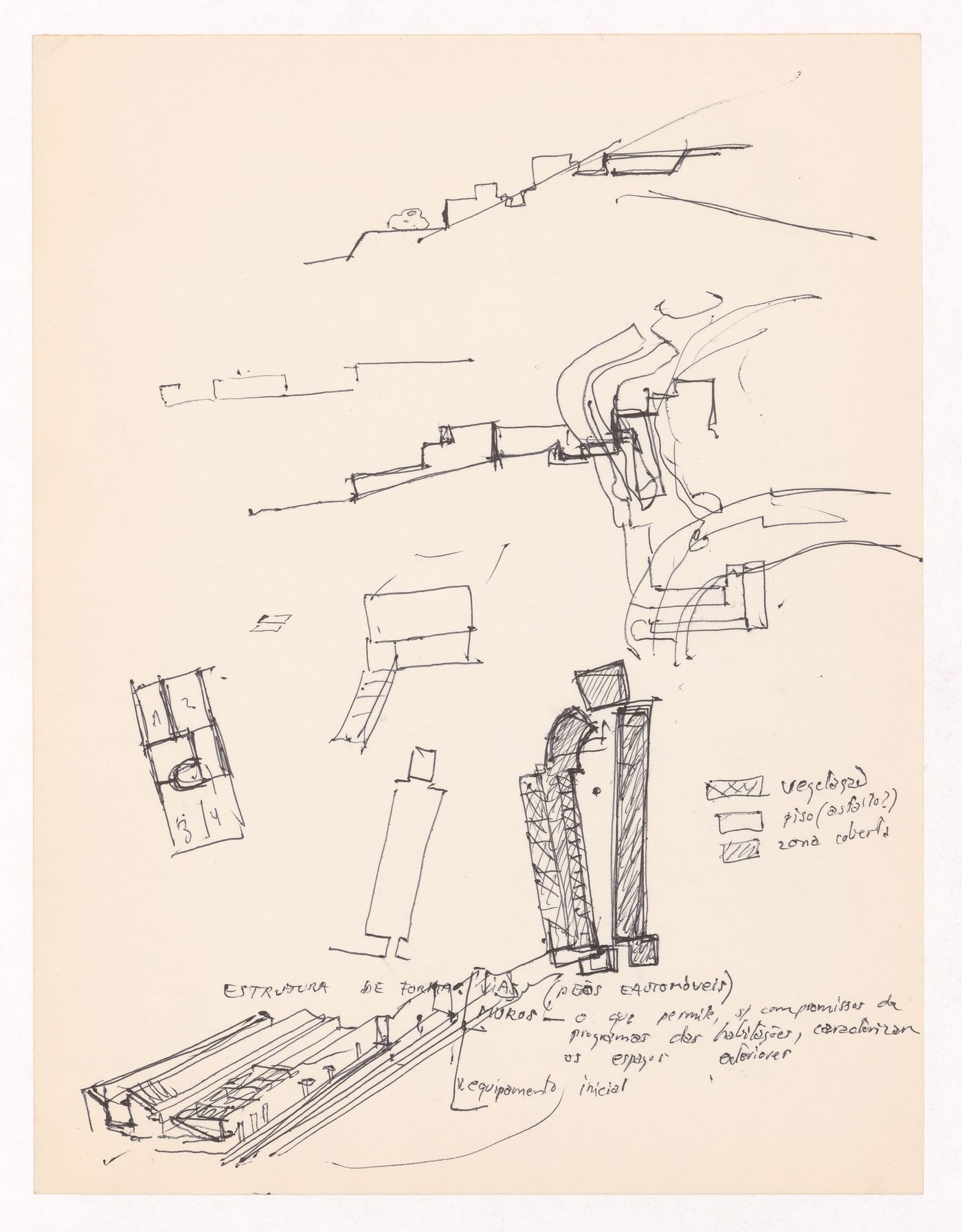 Sketch details, plans, and axonometric view for Manuel Pereira Júnior, Vila Nova de Gaia, Portugal