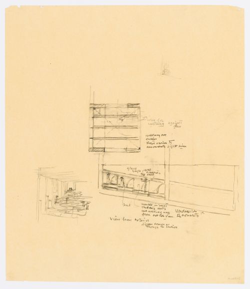 Partial section, exterior view and interior view for the Palazzo dei Congressi, Venice, Italy