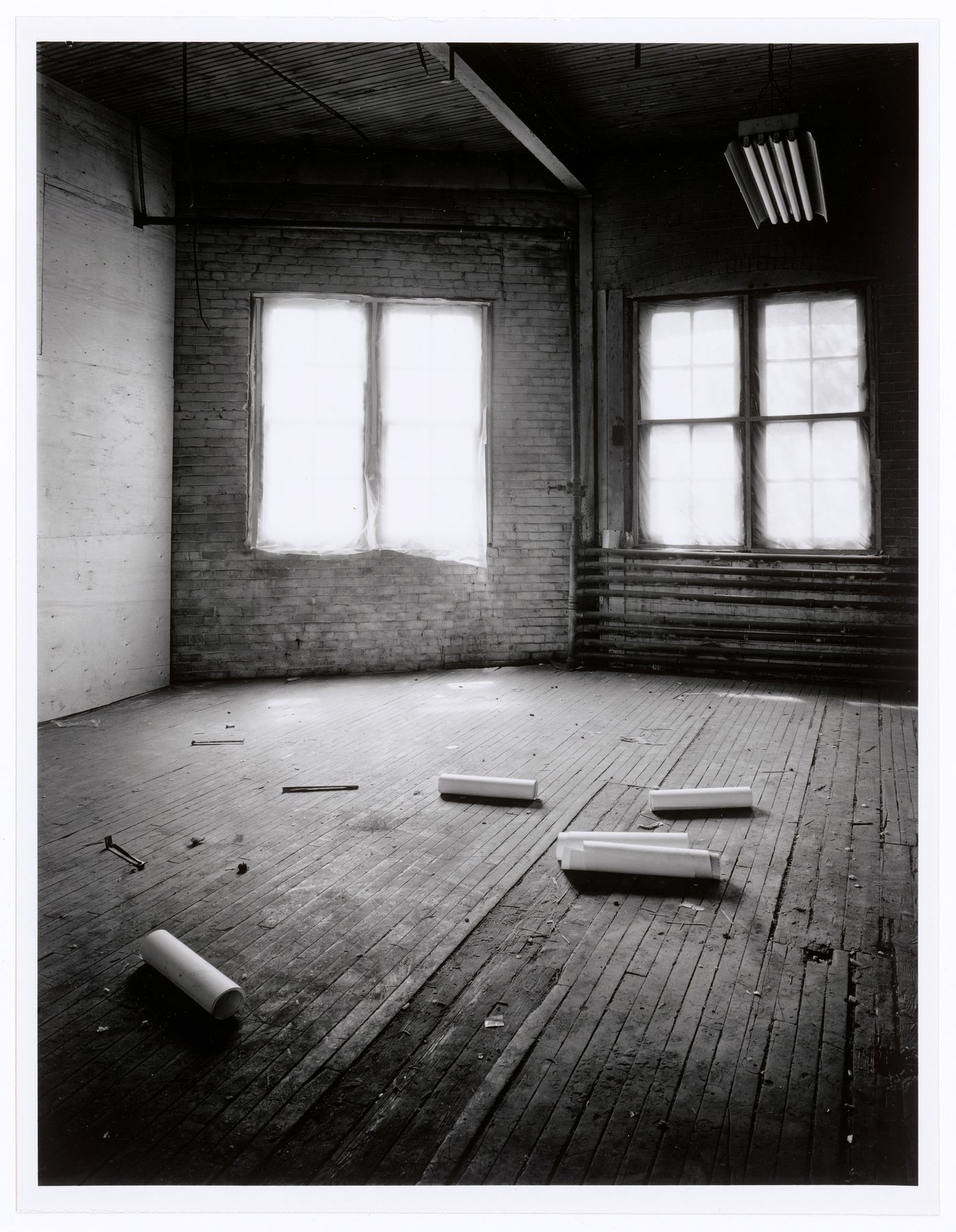 Interior view of the Caledonian Ironworks Building showing an empty room on the upper floor, Montréal, Québec