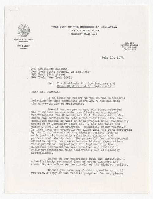 Letter from Mark D. Lebow to Constance Eiseman about relationship between IAUS and Manhattan Community Board No. 5
