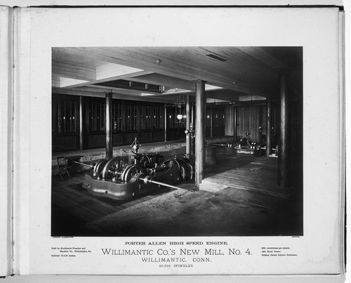 Interior view of the Porter Allen high speed engine in the Willimantic Company’s new mill, no. 4, town of Willimantic, now Windham, Connecticut, United States