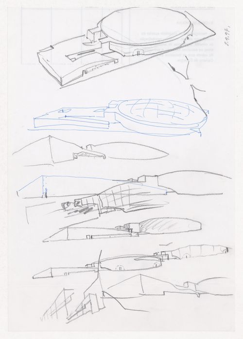 Sketch axonometric views for Pavilhão Multiuso, Vigo, Spain; verso: unrelated document