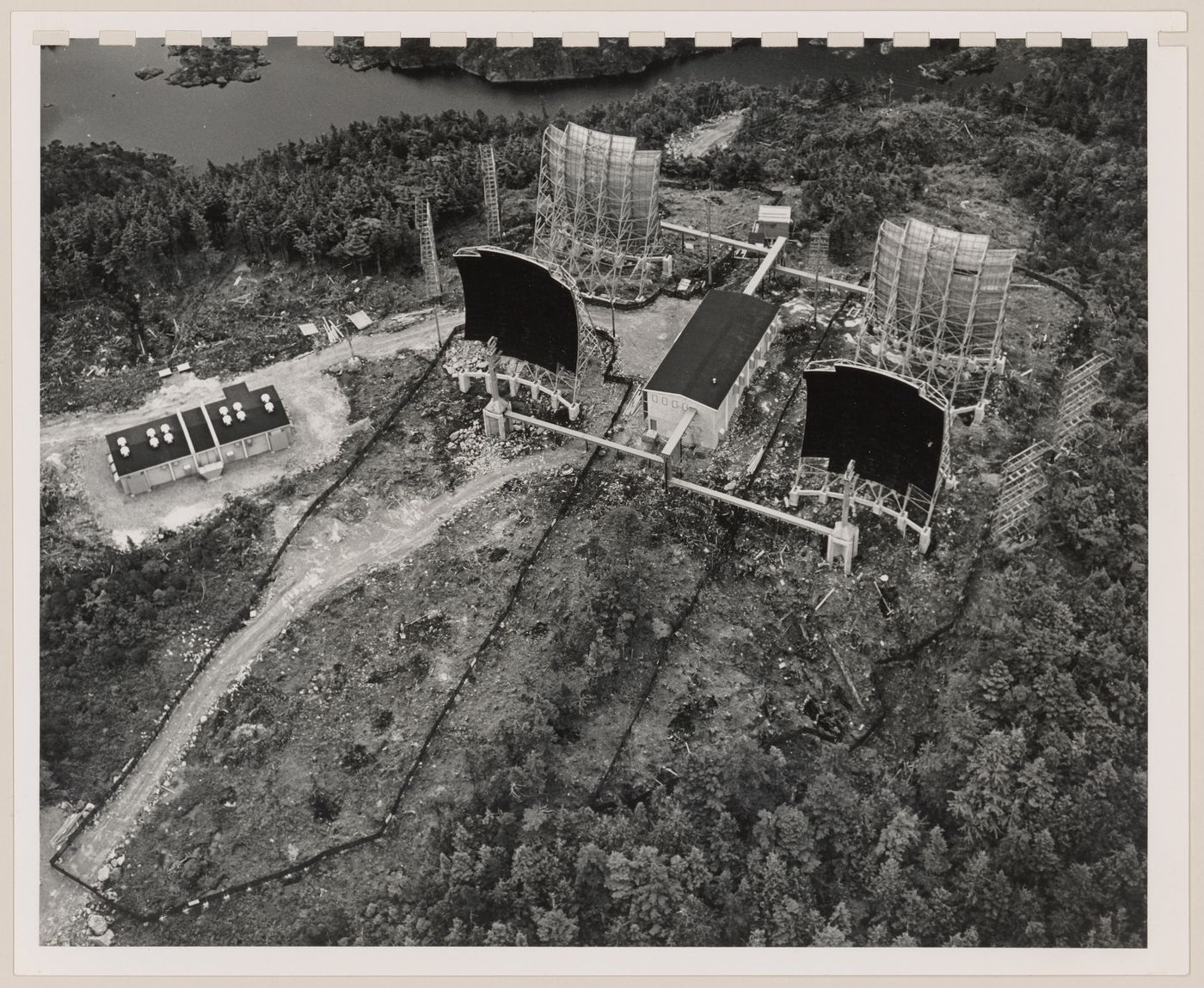 Aerial view of BC Tel troposcatter telecommunication system, Trutch Island, British Columbia, Canada