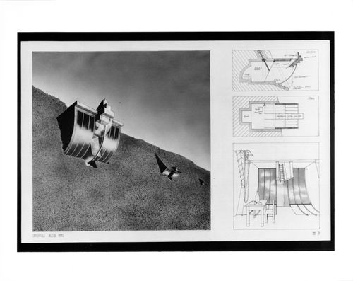 Plan, section, interior and exterior perspectives for the project, Convertible Hillside Homes