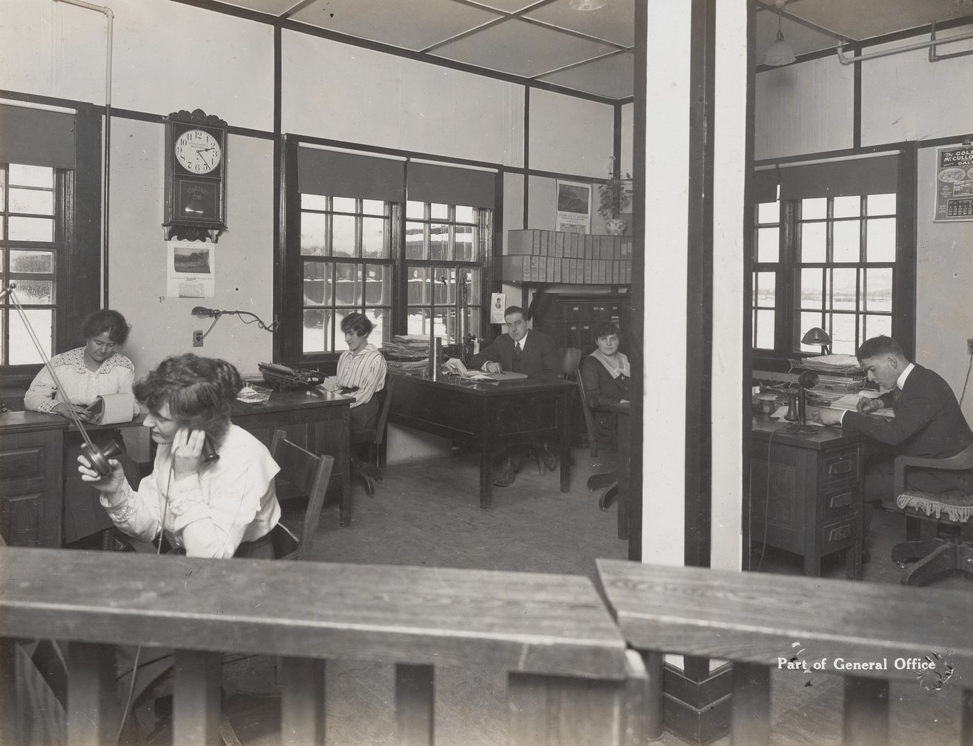 Interior view of general office with workers at the Energite Explosives Plant No. 3, the Shell Loading Plant, Renfrew, Ontario, Canada