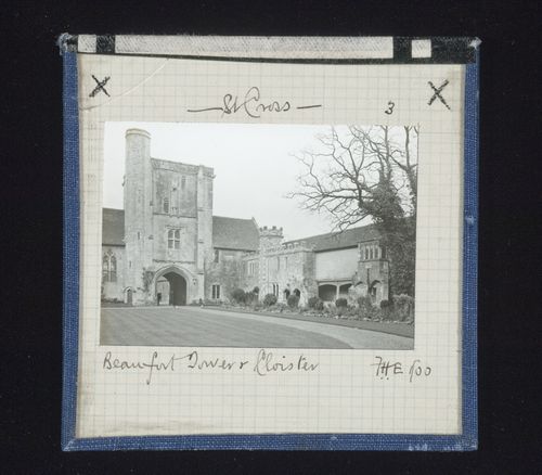 View of Beaufort Tower and walkway from quadrangle, St. Cross Church, Winchester, Hampshire, England