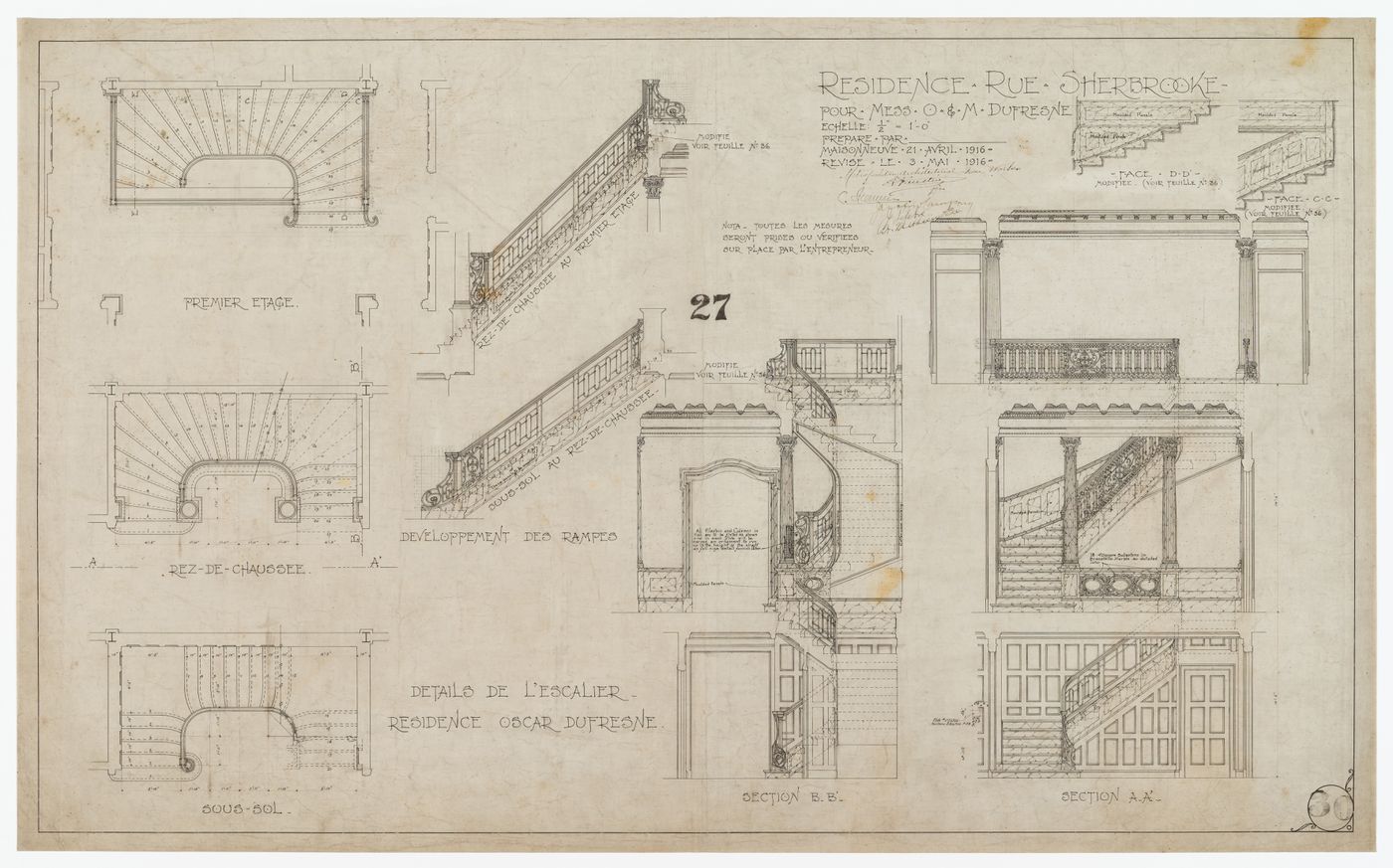 Résidence pour Oscar et Marius Dufresne, rue Sherbrooke, Montréal, Québec : détails de l’escalier