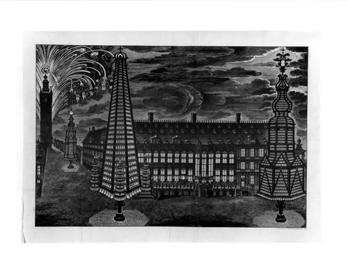 Illuminations at the Hôtel de Ville, with Fireworks from the Belfry