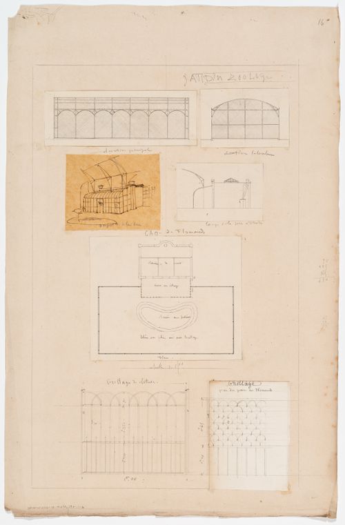 Zoological garden, Antwerp [?]: Elevations, perspective sketch, section, plan, and details of the flamingo aviary