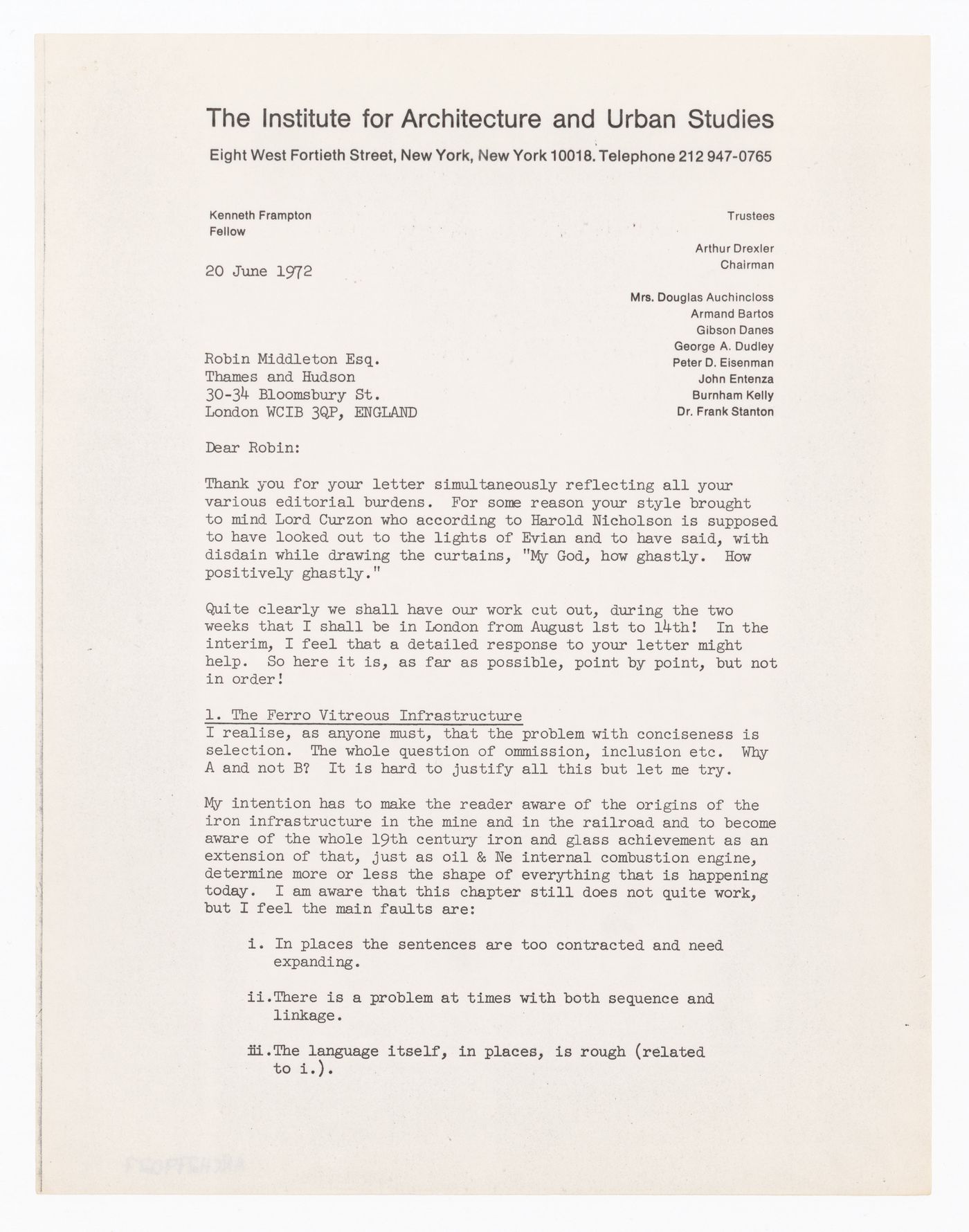 Letter from Kenneth Frampton to Robin Middleton about "Modern Architecture: A Critical History" comments