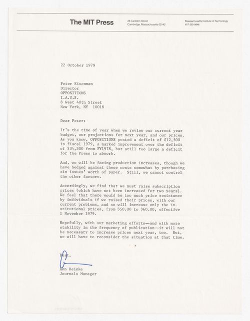 Letter from Ann Reinke to Peter D. Eisenman about subscription price for Oppositions Journal