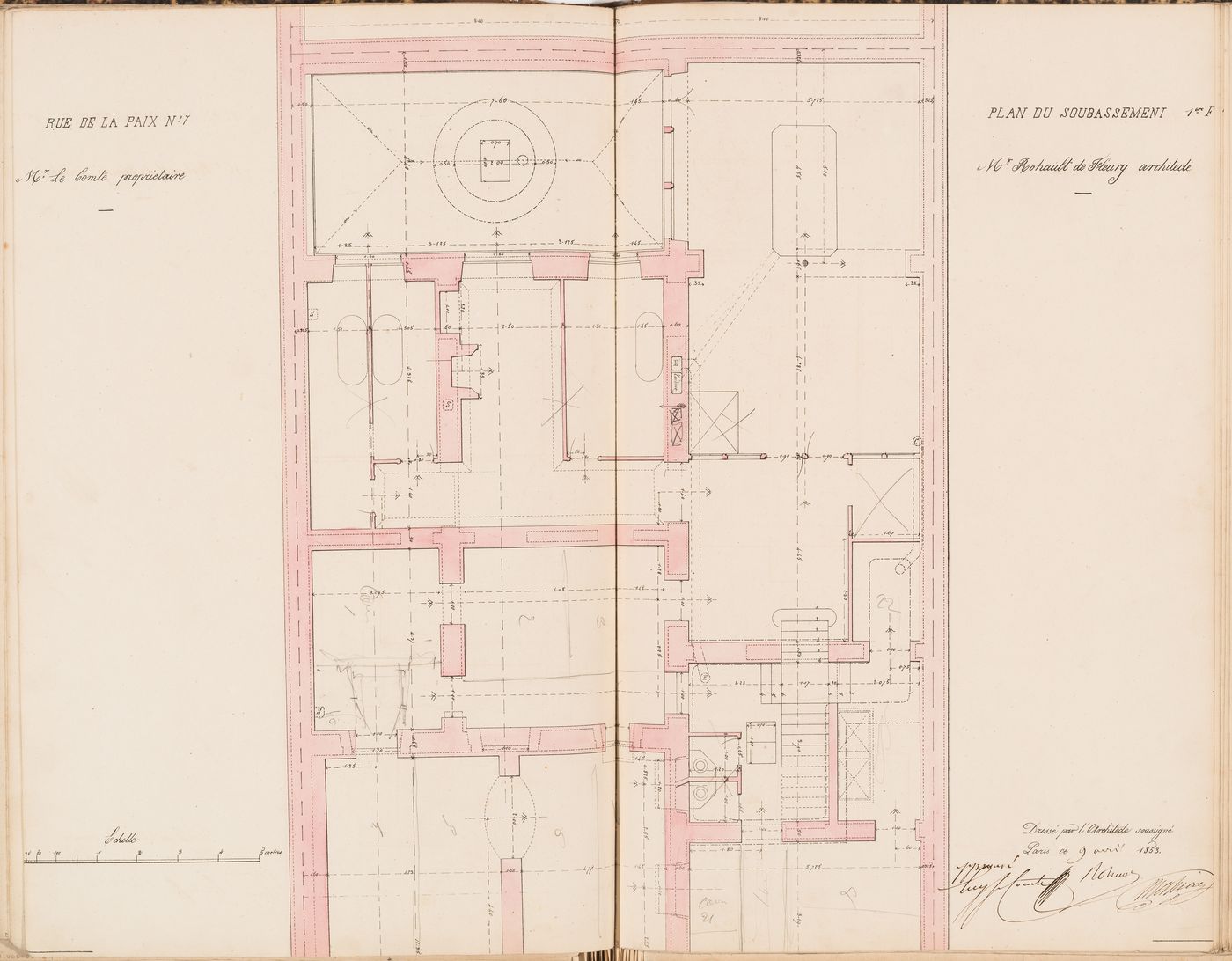 Contract drawings for the Hôtel du Timbre for Monsieur Le Comte, 7 rue de la Paix, Paris: Plan for the "soubassement" for the "1er appartement"