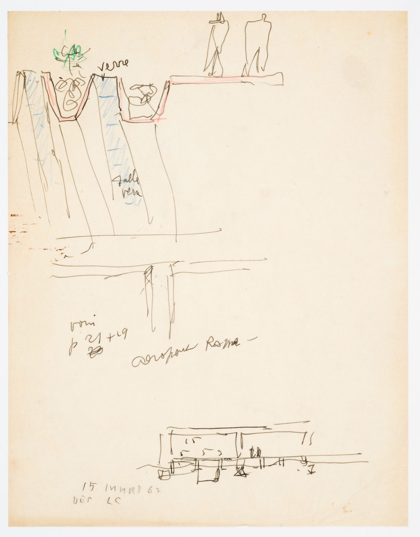 Centre de calculs électroniques Olivetti, Rho, Italie : Coupe esquissée et partielle pour l'atelier de montage