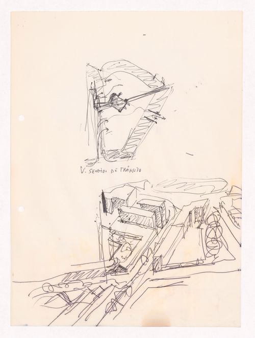 Sketch site plan and axonometric view for Habitações Colectivas da Mobil Oil Portuguesa, Matosinhos, Portugal
