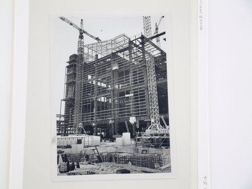 View of cranes and construction of steel structure for power station, from exterior, United Kingdom
