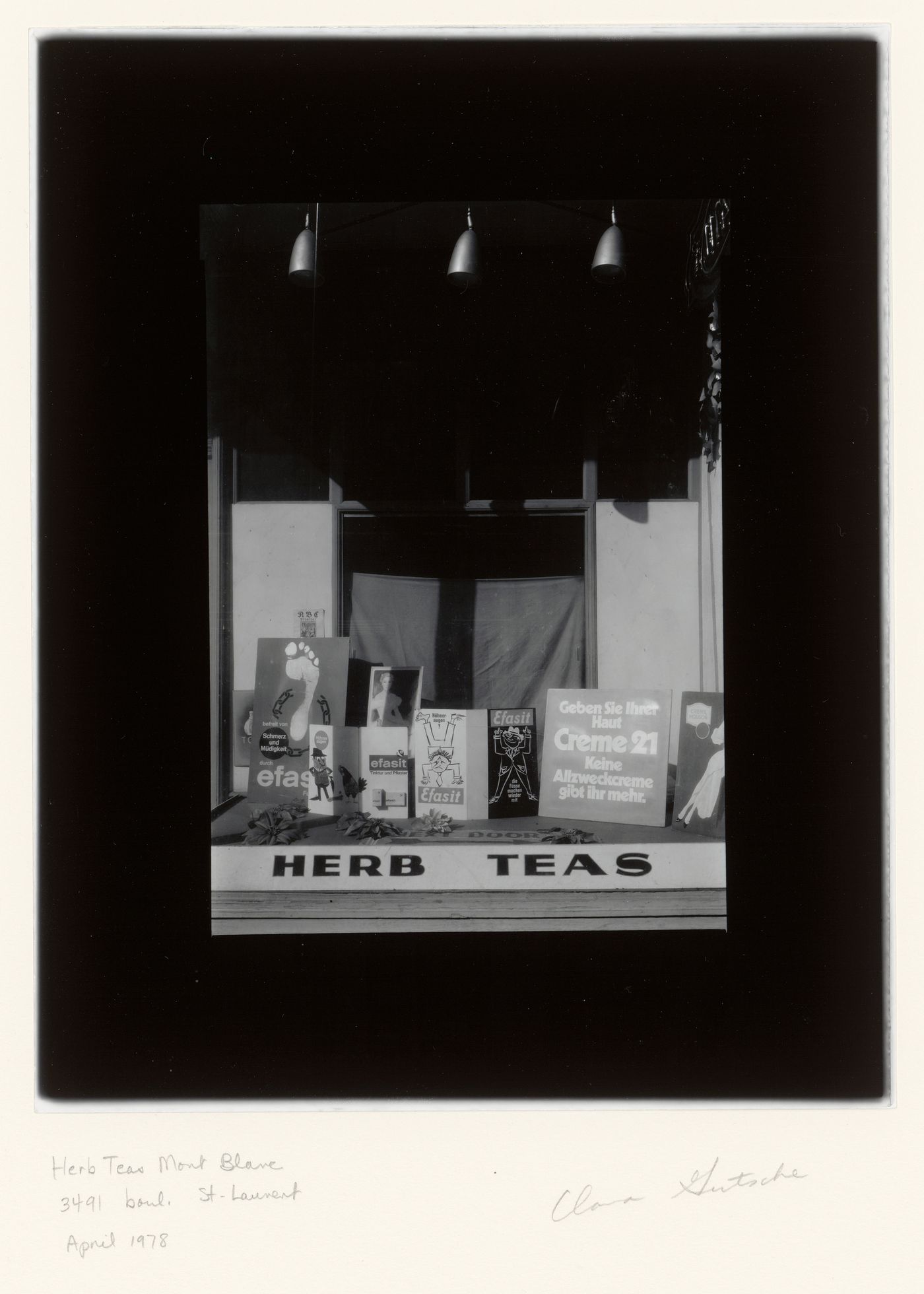 View of a display window of the Herb Teas Mont Blanc store, 3491 boulevard Saint-Laurent, Montréal, Québec