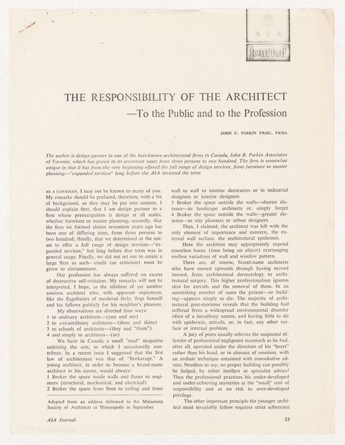 "The Responsibility of the Architect -To the Public and to the Profession" published article by Parkin printed in AIA Journal