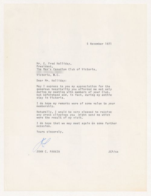 Thank you letter from Parkin to President of Men's Canadian Club of Victoria