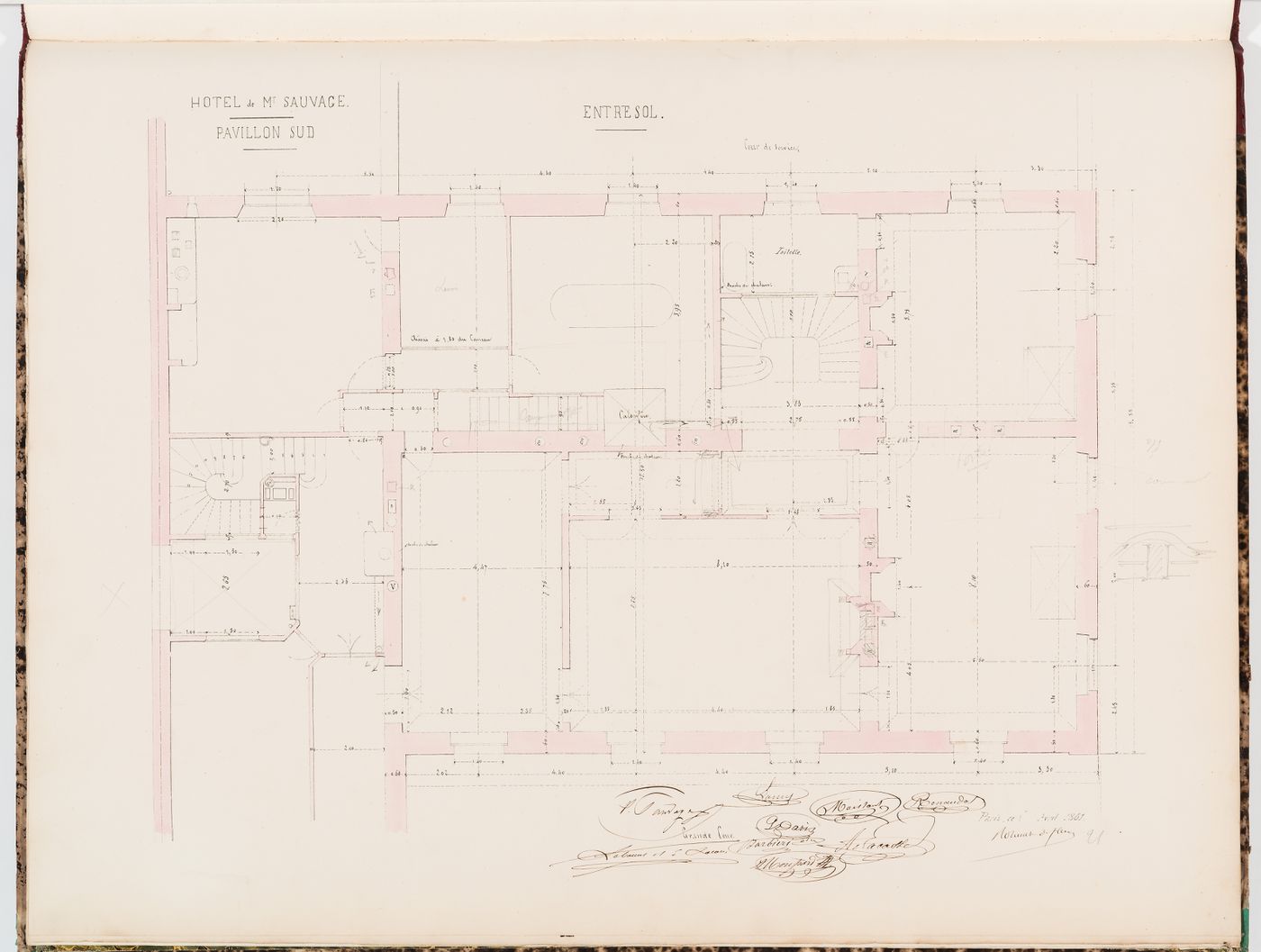 Plan for the "entresol" of the "pavillon sud", Hôtel Sauvage, Paris